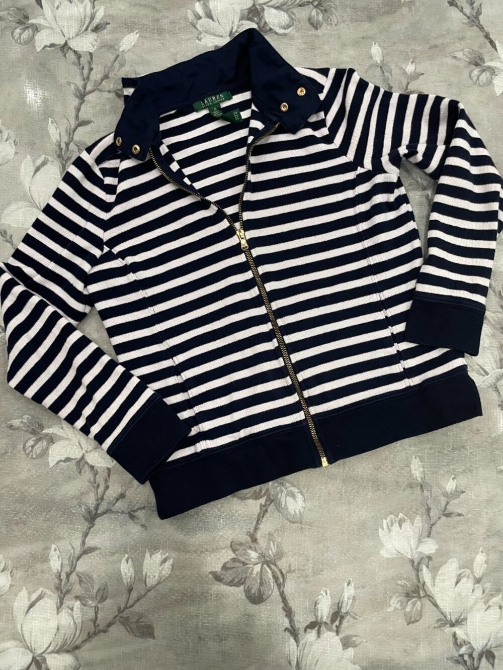 Lauren Ralph Lauren Striped Zip Jacket Womens Medium Navy White Nautical Preppy